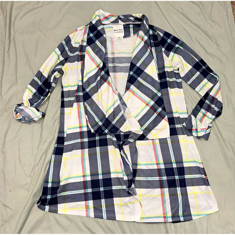 New York Laundry Plaid Cardigan Sz 1X Open Front Draped Lightweight Cardigan